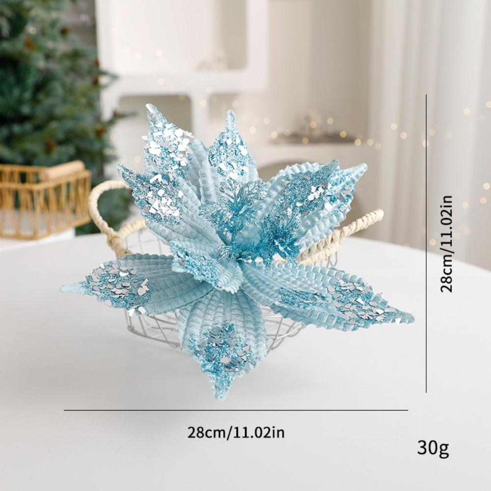 Christmas Gifts Artificial Poinsettia Glitter Flower Xmas Tree Decoration 28cm 3D Simulation Magnolia Flannel Pink Blue
