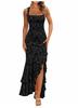 European and American Women's Clothing Square Neck Suspender Dress Fashion Printing Irregular Ruffle Edge High Side Split Harpoon Tail Dress Skirt