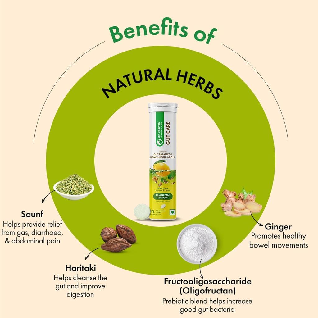 Dr. Vaidya’s Gut Care Effervescent Tablets | Helps reduce bloating & acidity, improves digestion, promotes gut health & regulates Bowel movement