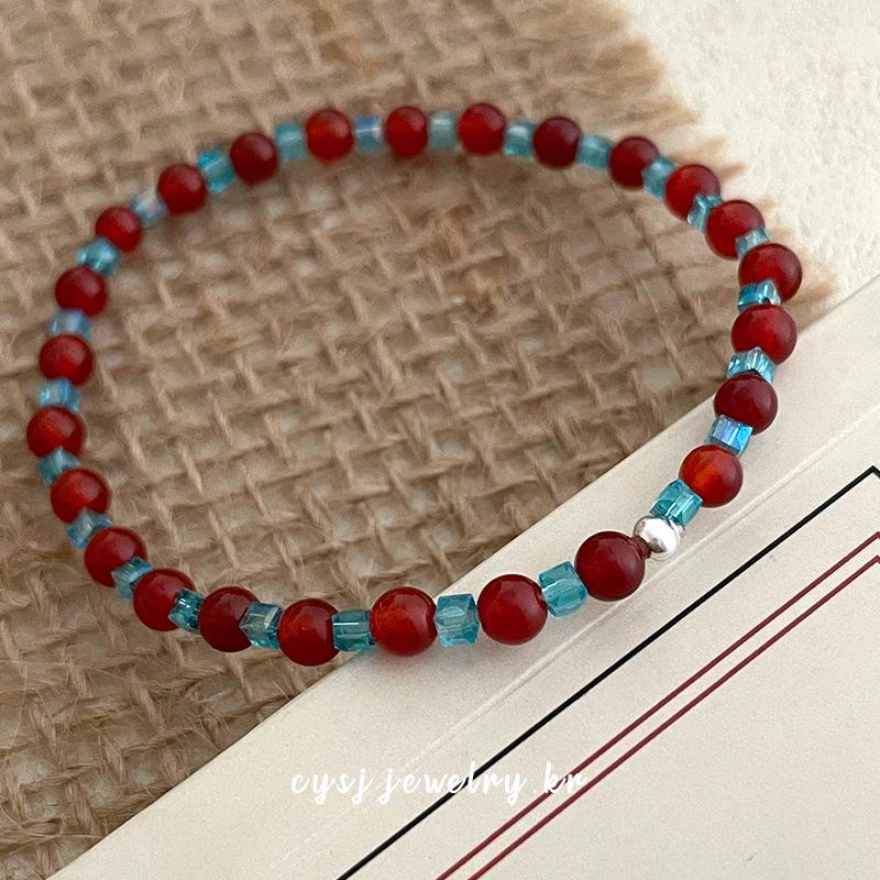 Cui Yan S925 Sterling Silver Korean Red Agate  Blue Beaded Bracelet for Women 925 Silver