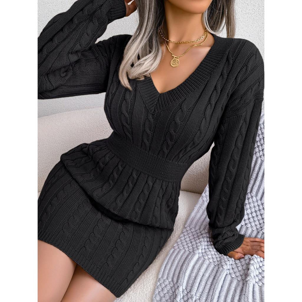 GMXIA Autumn and Winter Fashion Waist-cinching, Twisted Figure-hugging Dresses, Woolen Dresses and Women's Clothing