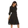 Fashion Women Belt Flared Sleeve Casual Dress Solid Color Shirt Collar V-neck Waist Tie Shirt Dress