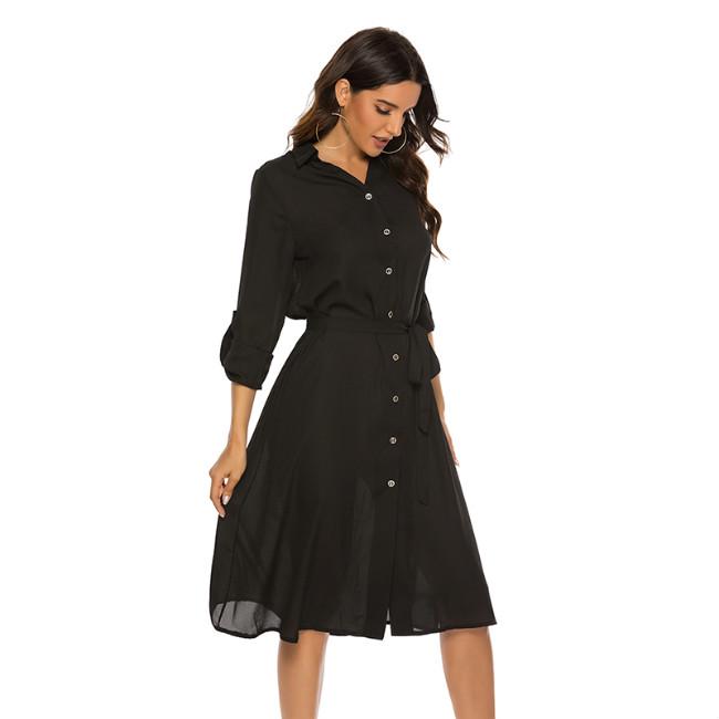 Fashion Women Belt Flared Sleeve Casual Dress Solid Color Shirt Collar V-neck Waist Tie Shirt Dress