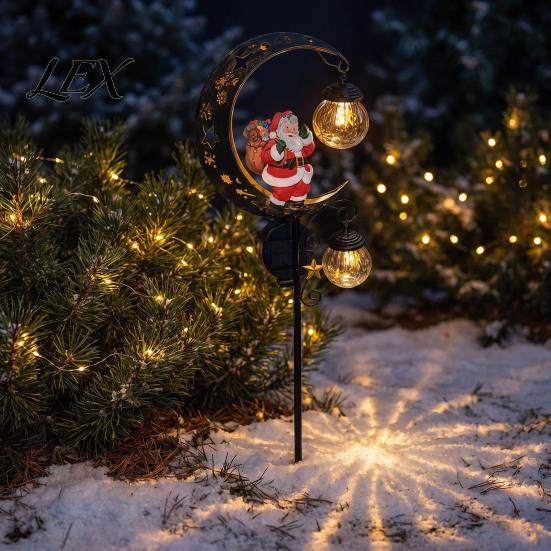 Outdoor Festive Ground Stakes Santa Garden Stake Light, Solar Powered Crescent Moon Lamp, Double Waterproof Yard Art Glass Globes, Christmas