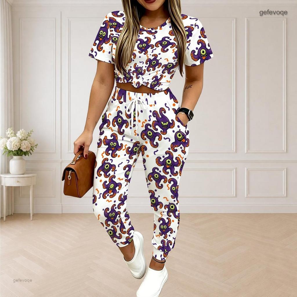 Women Plus Size White Purple Printed Round Neck Short Sleeve Top Drawstring Cuffed Pocket Pants Two Piece Set