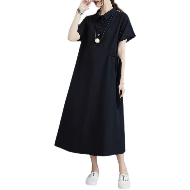 Sommer grenzüberschreitend neu Japanisch einfarbig Baumwolle und Leinen Revers kurzärmelig locker Kleid Damen mittel und lang