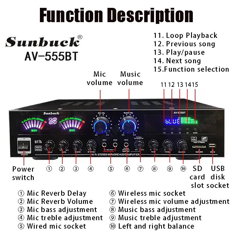 110/220V 555BT Dynamic Screen Sound Amplifier HiFi Stereo Digital Bluetooth Amplify For Home Car Karaoke Theater Max 2500W