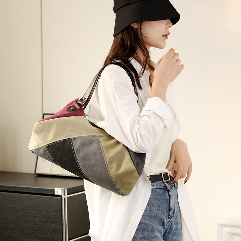Women's Canvas Bag Color Contrast Shoulder Bag Bag Stitching