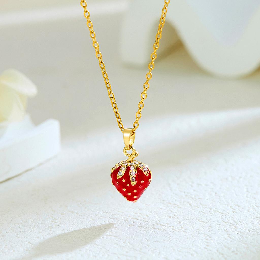 New Sweet and Cute Dripping Oil Strawberry Cherry Titanium Steel Necklace Female Simple Versatile Fruit Series Collarbone Chain