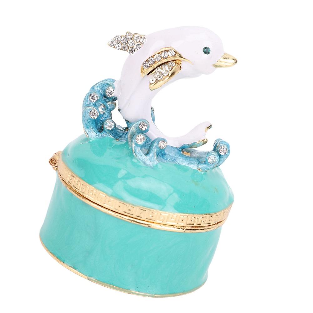 Dolphin Motif Enamel Trinket Box Rhinestone Decor Rhinestone Storage Box For Rings