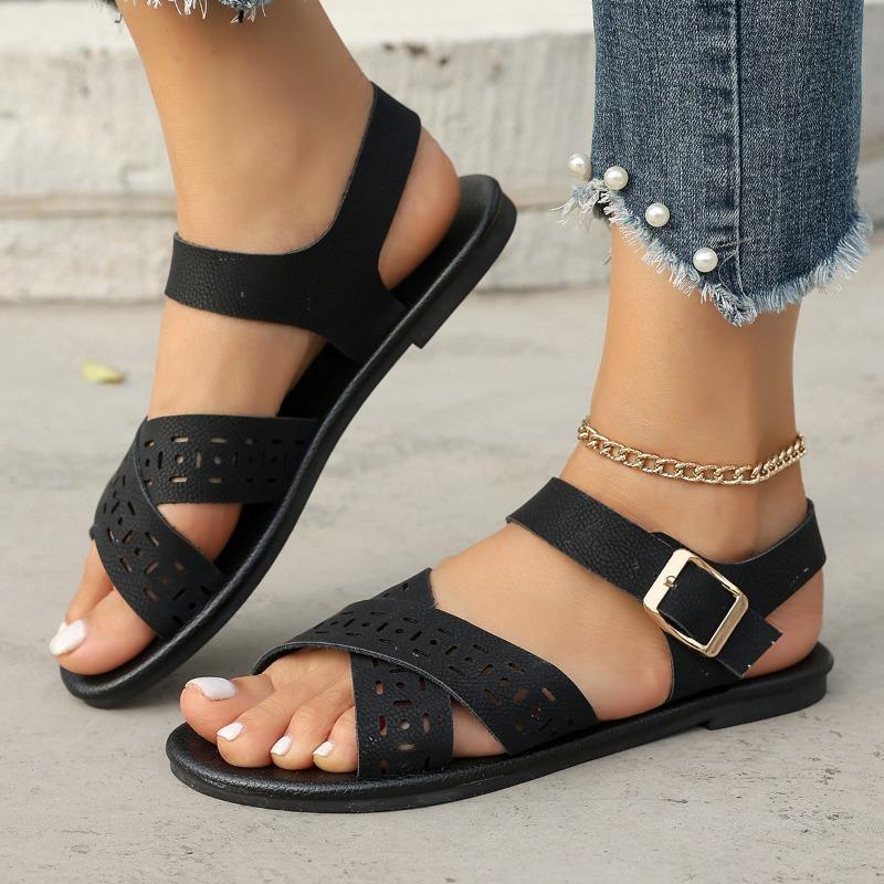 Round-toed New Flat Shoes Retro Hollowed-out Casual Women's Shoes One-button Women's Sandals