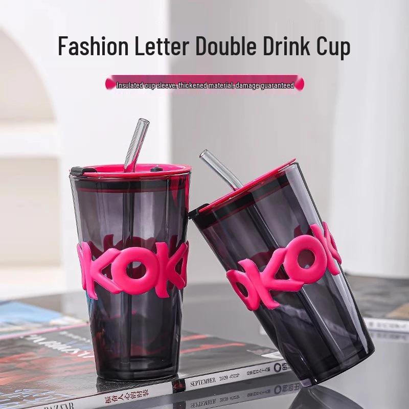 5 Yuan Off: Portable Double-Drink Glass Cup with Straw and Lid for Milk or Juice