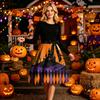 Women Crew Neck Halloween Print Dress Long Sleeve Casual Style A Line Midi Dress with Belt and Pattern Skirt