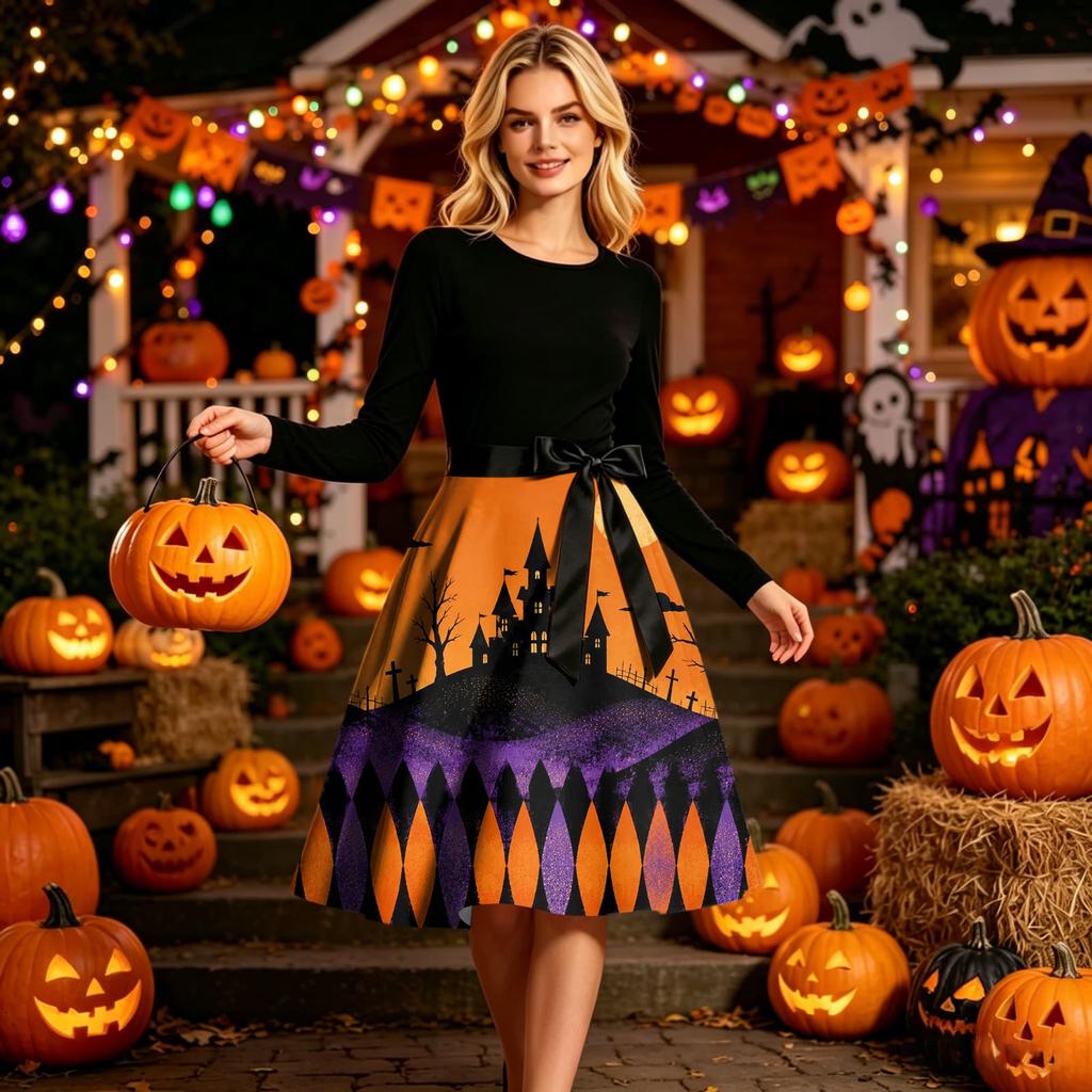 Women Crew Neck Halloween Print Dress Long Sleeve Casual Style A Line Midi Dress with Belt and Pattern Skirt
