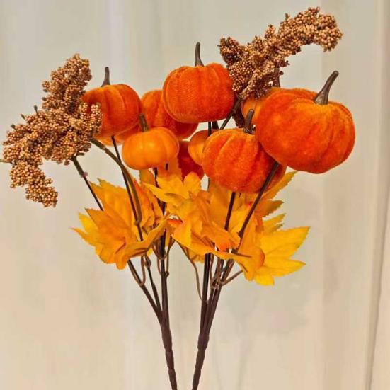 Halloween Artificial Pumpkin Branches Faux Fall Pumpkin Bouquet Fake Pumpkin Maple Leaf Picks for Harvest Thanksgiving Floral Arrangement Tabletop