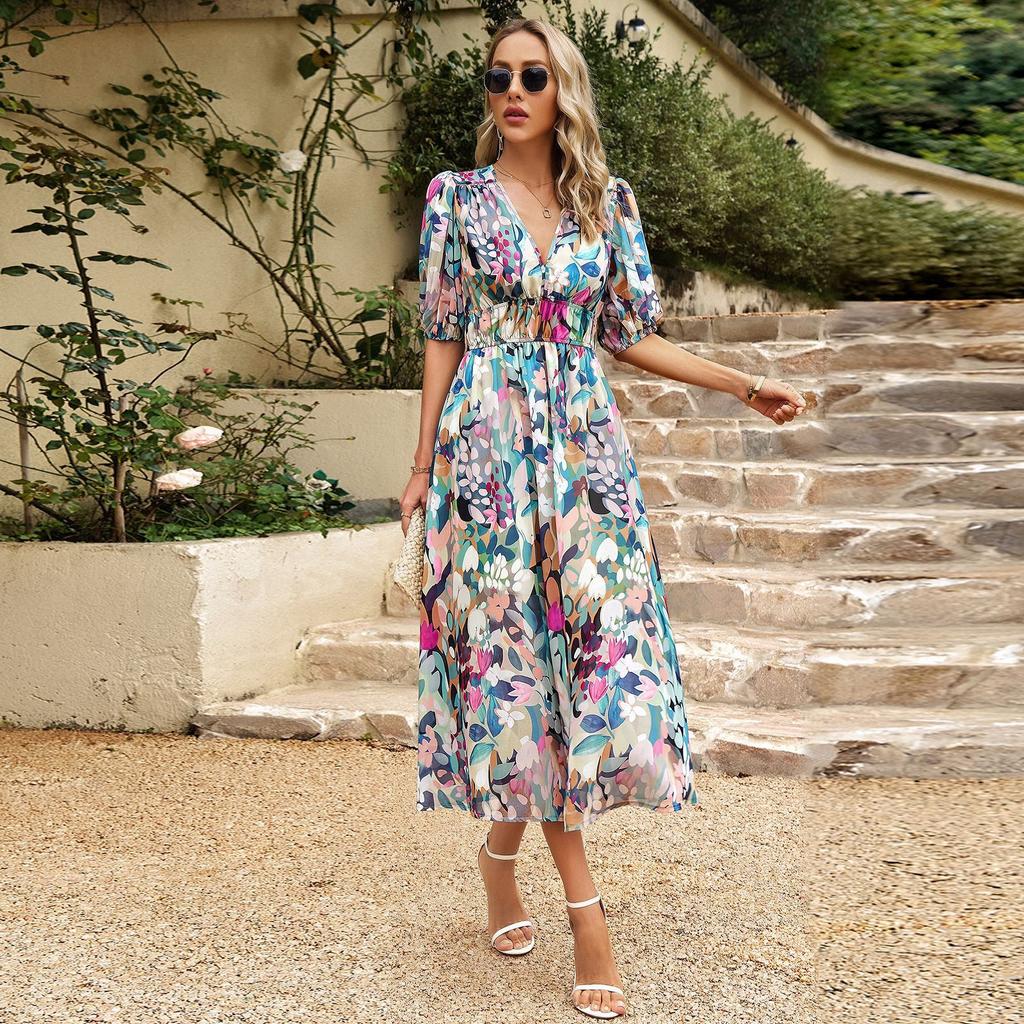 LYRIA Fashionable V-neck Printed Waist-cinching Dress Bohemian Style Short-sleeved Ankle-length Dress