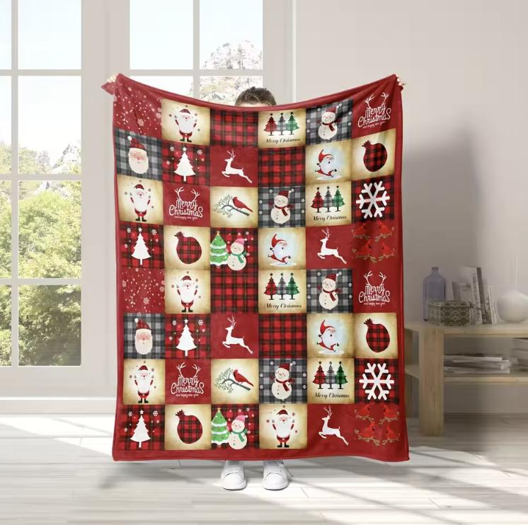 Фланелевый плед Рождественская тематика Санта-Клаус Снеговик и Лось Узоры Набивной плед Подарок Диван Кровать Диван Автомобильный дорожный плед 30x40in