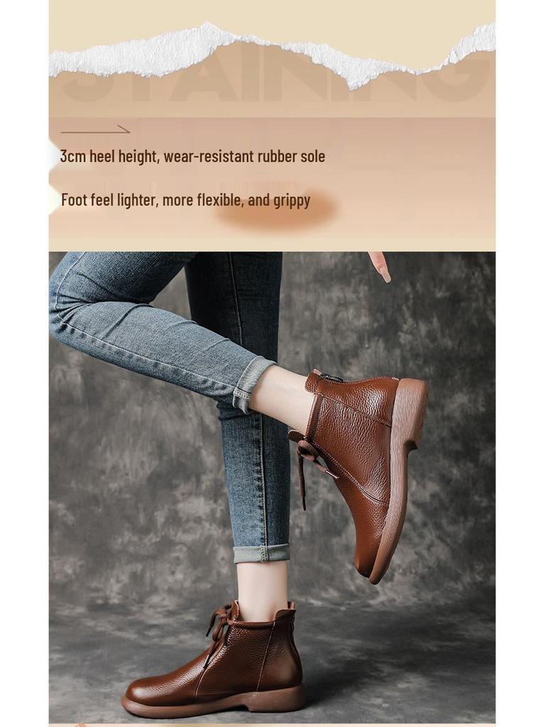 Women's Retro Cowhide Ankle Boots: Chunky Heel, Thick Sole, Genuine Leather, Plus Velvet, Winter Design