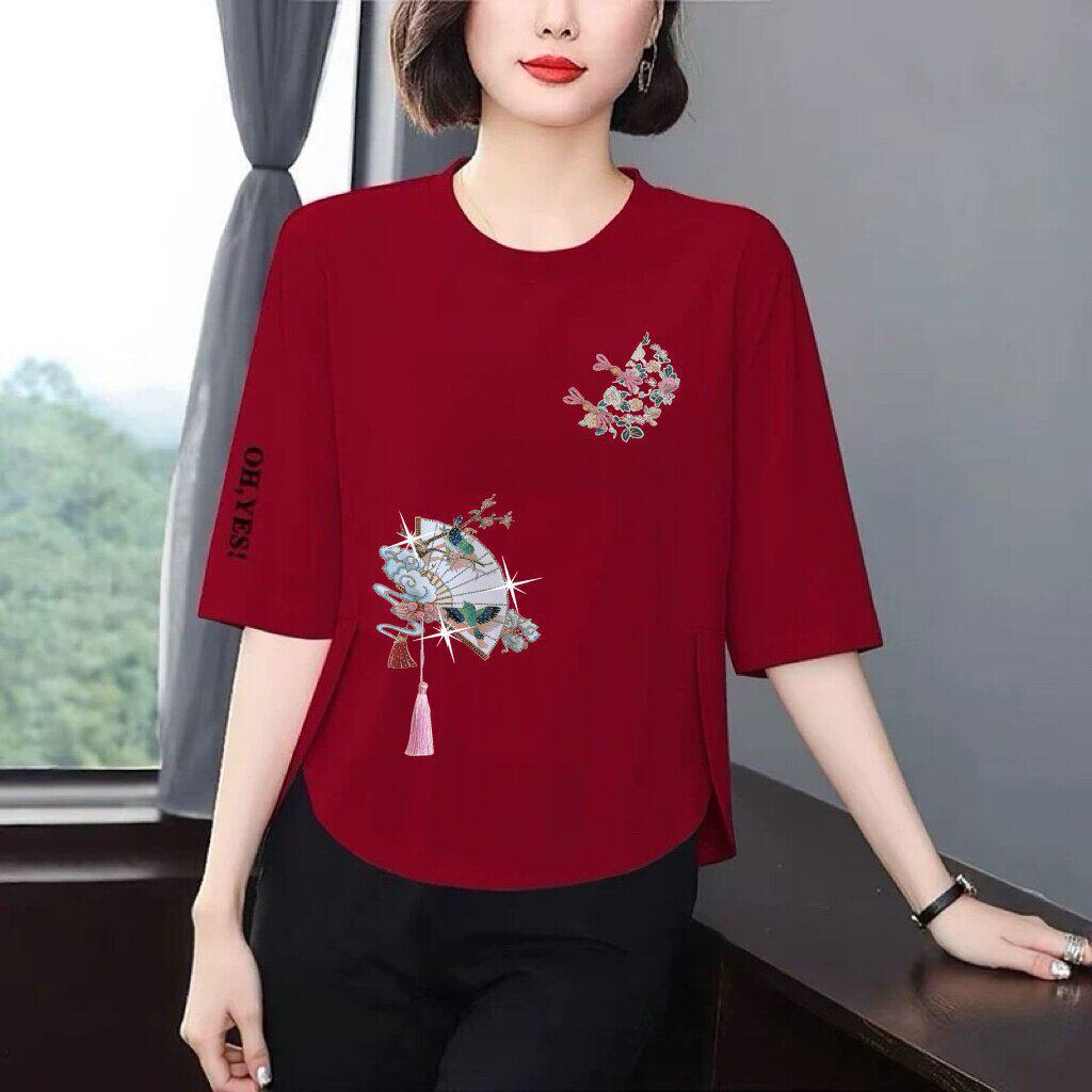 Trendy Printed 3/4 Sleeve T-Shirt for Moms: Loose, Slimming, Belly-Covering, Age-Reducing Top for Middle-Aged and Elderly Women