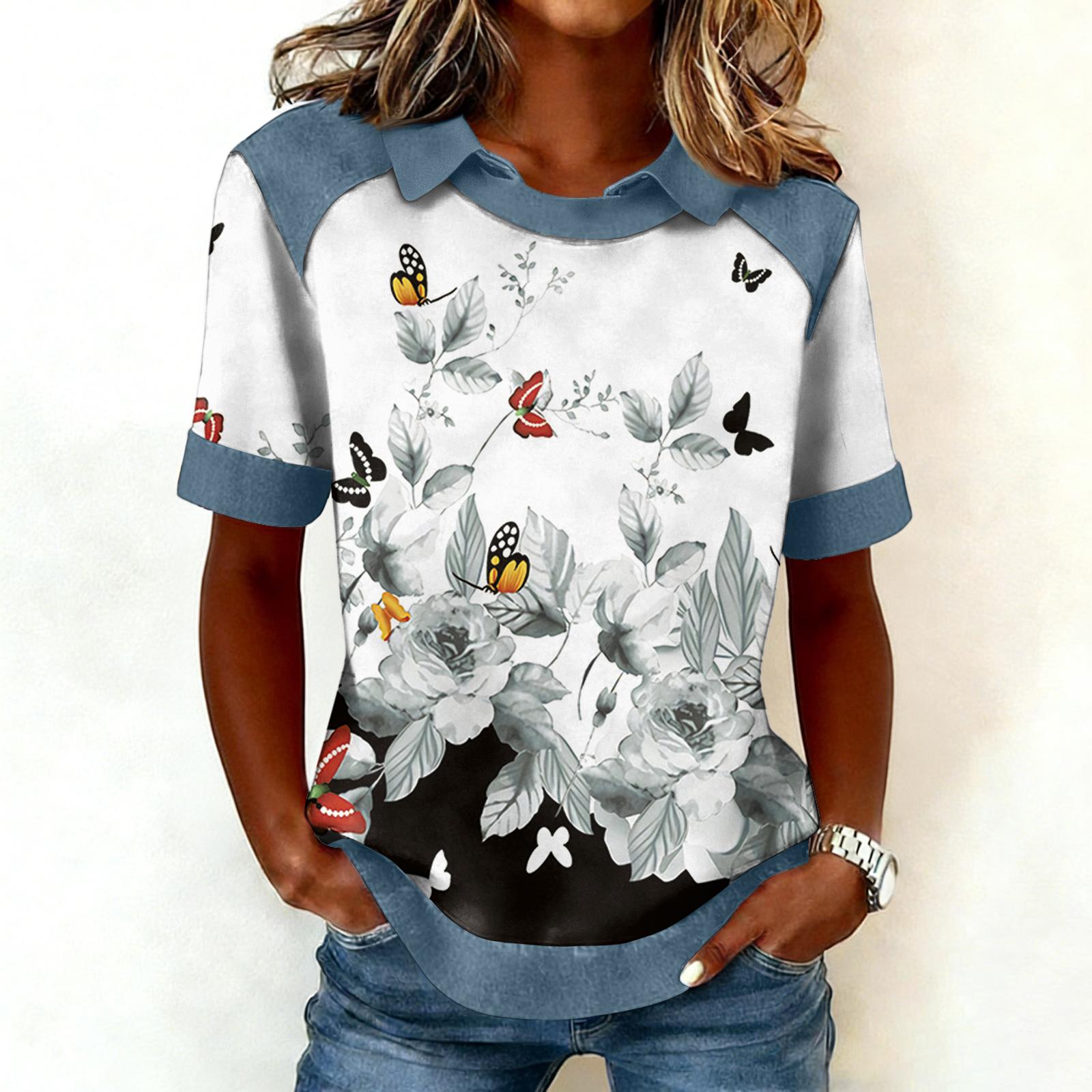 

Женская модная ковбойская толстовка с воротником и вставками, повседневная толстовка с принтом, рубашка с коротким рукавом, топ M белый