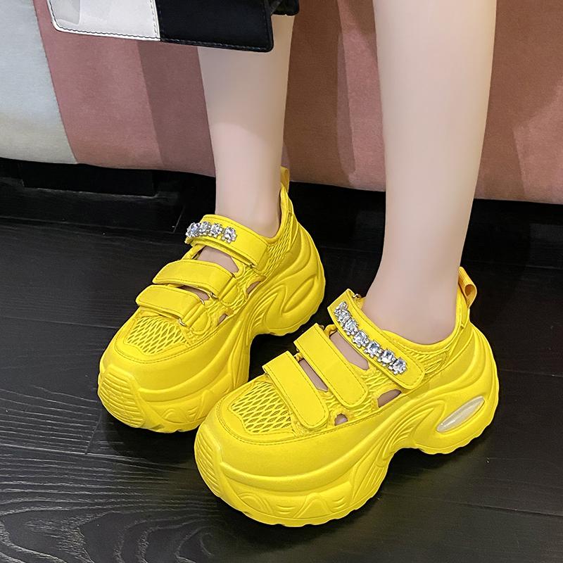 Fashion 6.5CM Breathable Hollow Leather Women Sandals Vulcanized Mesh Chunky Platform Crystal Shoes High Heels Casual Summer Sneakers