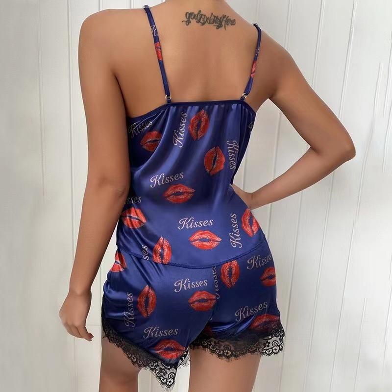 Polka Dot Letter Printed Sleepwear Women Sexy V Neck Sling Vest and Shorts Set Casual Loungewear