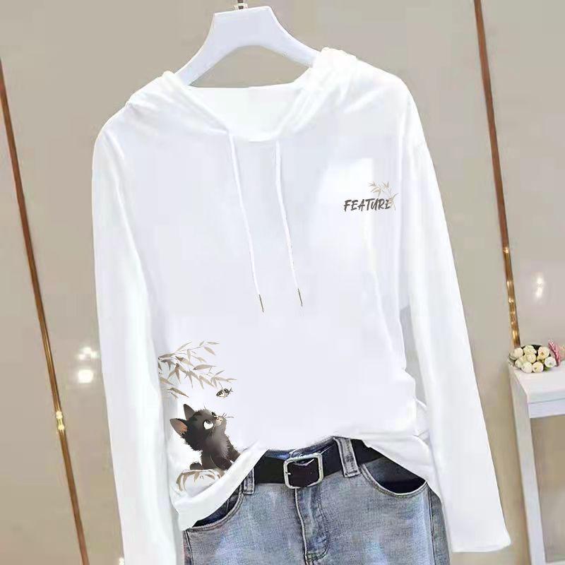 

Women s Hooded Pure Cotton Long Sleeve T-Shirt - Versatile Spring/Autumn 2025 Fashion Top XL (115-125 Jin)