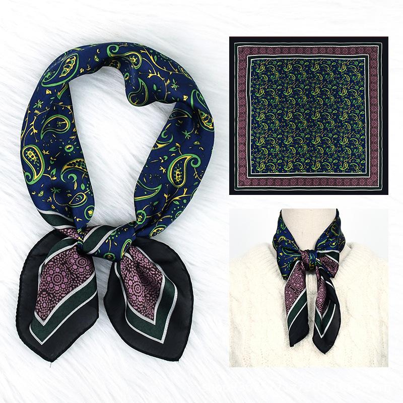 New dark blue retro cashew flower silk scarf 71 imitation silk fashionable and versatile women's square scarf scarf