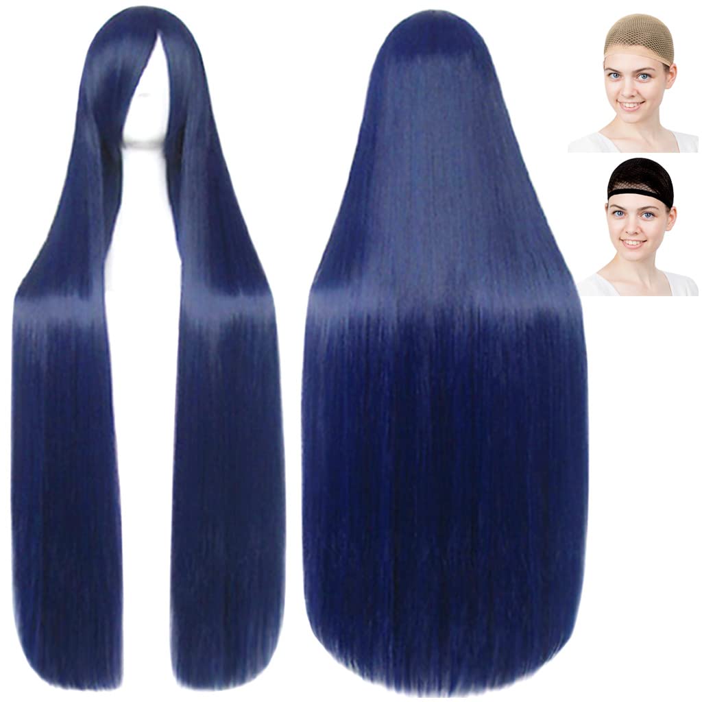 CaseEden Cosplay Wig, Long, Straight, 100cm, Dark Blue, Includes 2 Wig Nets