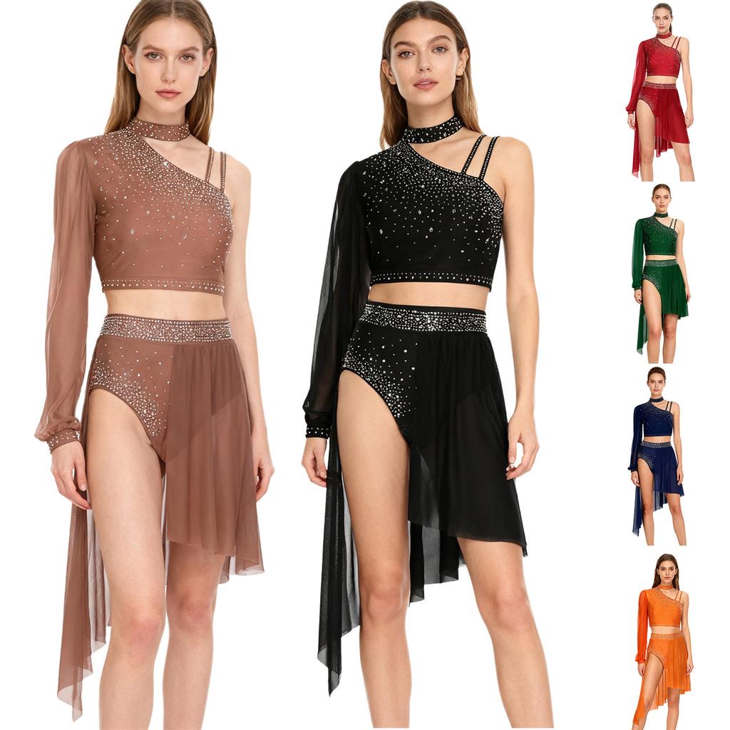 Dames Lyrische Dans Outfit Glanzend Strass Asymmetrische Crop Top Hoge Taille Slipje Korte Broek Chiffon Rok Kostuum