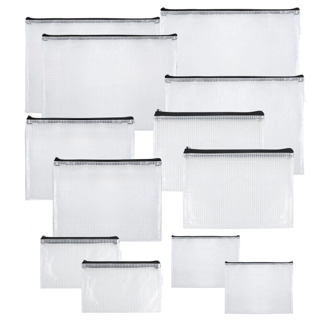 EINEY Zipper File Receipt File Clear Pouch with Mesh Large Travel Storage 6 Set each of and B6 Zipper, Waterproof, Water-Resistant, Case, Transparent,