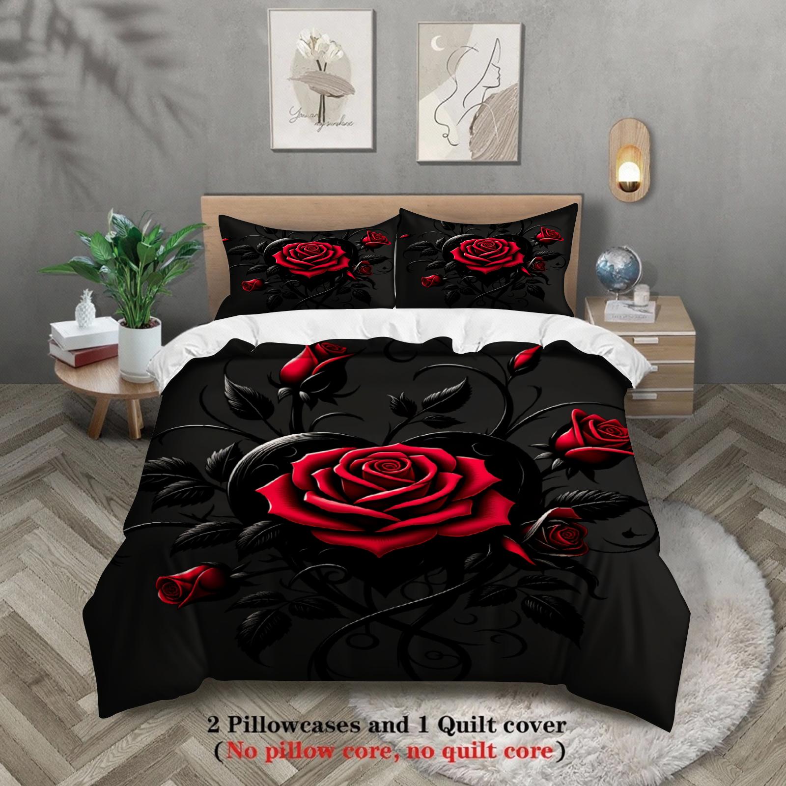 

3pcs Rose Flower Bedding Sets 3D Printed Red Rose Anti-Slip Easy Care Durable Duvet Cover Sets With Pillowcases No Filling US Twin(172x218cm)