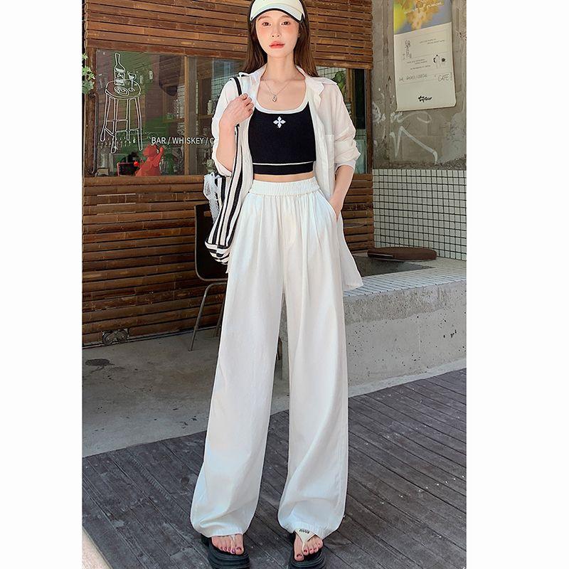 

Одежда для женщин больших размеров в K-стиле, для полных девушек, ретро, цвет голубого неба, шелковый деним, драпировка, свободные и непринужденные, повседневные, эластичная талия, свободные брюки, мода White 3XL(Large size)