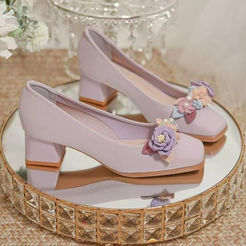 

Женские туфли Мэри Джейн с квадратным носком и цветами на высоком каблуке. Новая мода. Туфли без застежек с острым носком. Удобная новая повседневная обувь. Обувь. 35 фиолетовый