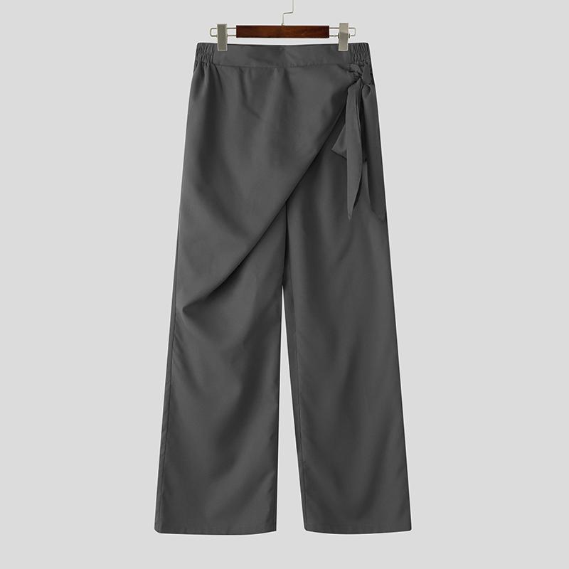 

INCERUN Men Wrap Waist Solid Color Casual Long Wide Legs Pants Trousers 5XL сірий колір