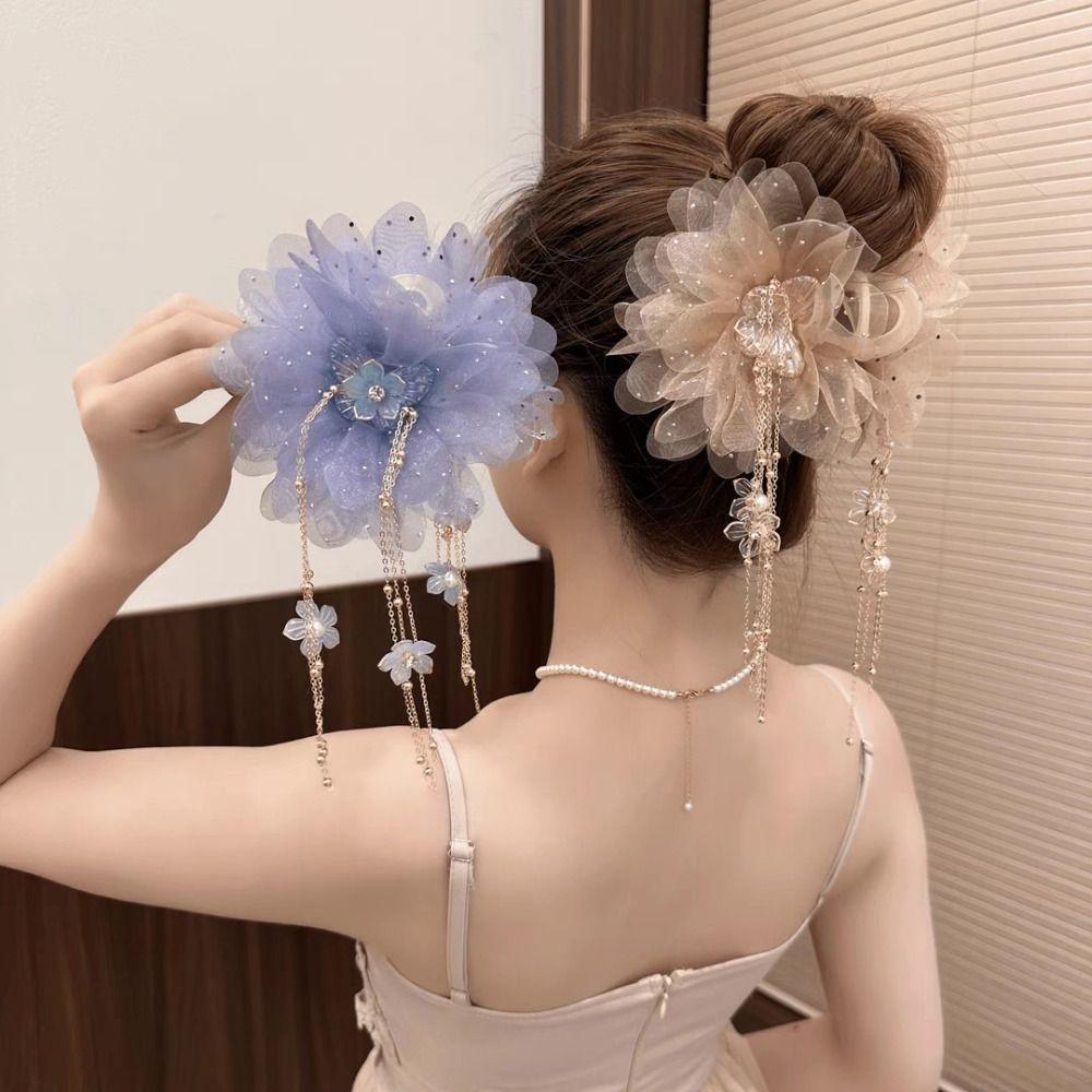 Peony Flower Grasping Clip Mesh Flower Hairgrips Temperament Hair Claw Clips  Women