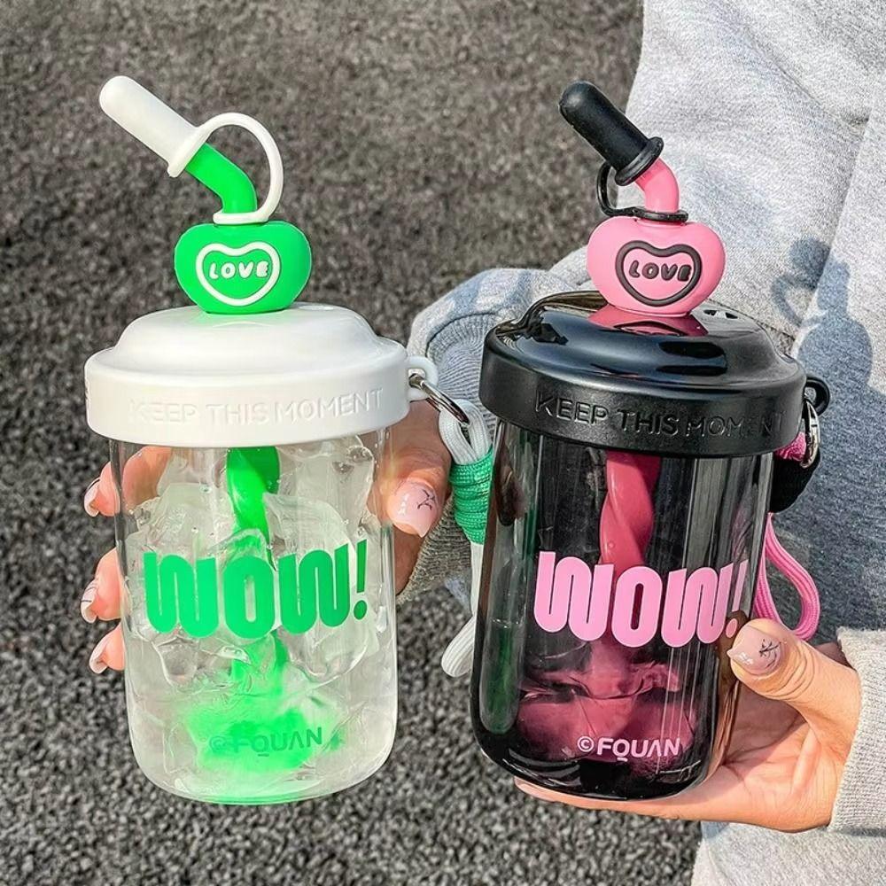 With Straw Stirring Cup High-capacity Drinking Cup Kawaii 580ML Water Bottles  Sports