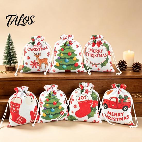 Christmas Eve Gift Wraps 2Pcs Drawstring Bags, Xmas Tree Reindeer Printed Candy Treat Family Party Holders Pouches, Reusable Fabric Holiday