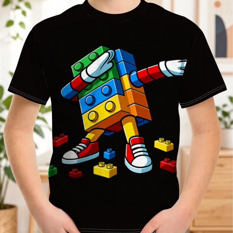 Boys Crew Neck Short Sleeve T-Shirt with Building Blocks Cartoon Robot Print