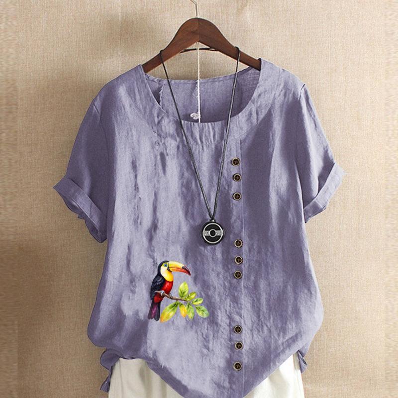 Women's Fashion Round Neck Short Sleeve T-shirt Casual Cotton Linen Pattern Shirt Leisure Loose Bird Prined Summer Blouse Tops