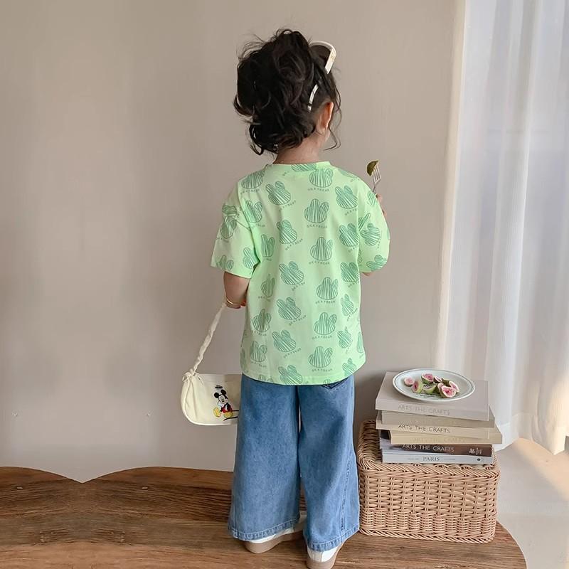 Girls Summer Korean All Over Print Round Neck Short Sleeve T Shirt Trendy Top For Kids Medium Large