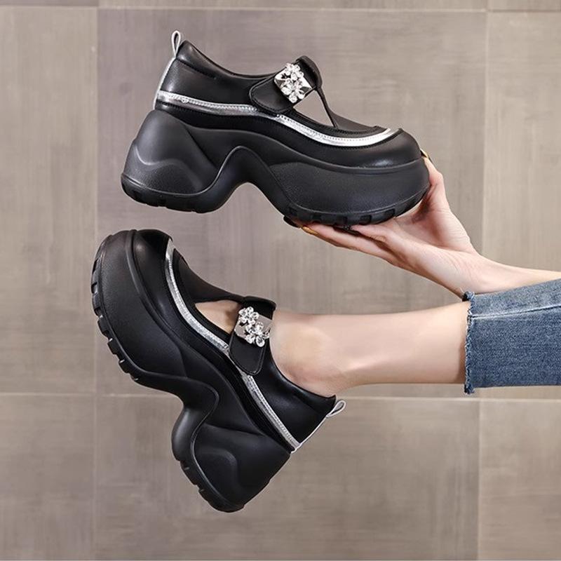 2025 new casual muffin loafers women's fashion single shoes thick sole inner height increase Velcro rhinestones versatile