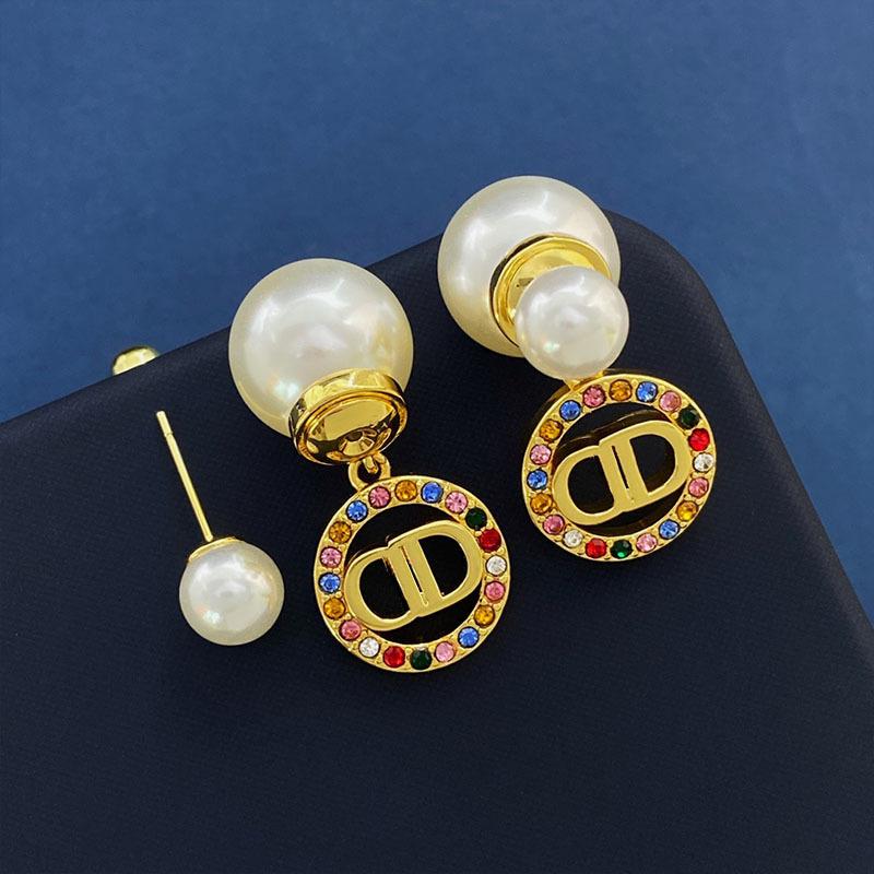 Pearl Letter Rear Hanging Earrings Femininity Celebrity Style Fashion Design Sense Hollow Round Diamond Stud Earrings