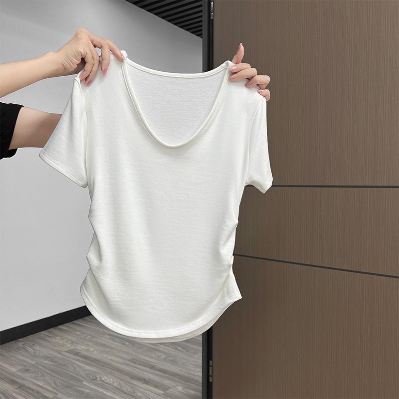 

Кремово-желтый, белый, сладкий, с глубоким вырезом, короткими рукавами, женская футболка с открытыми плечами, летний дизайн, плиссированная талия, верх, открывающий ключицы M