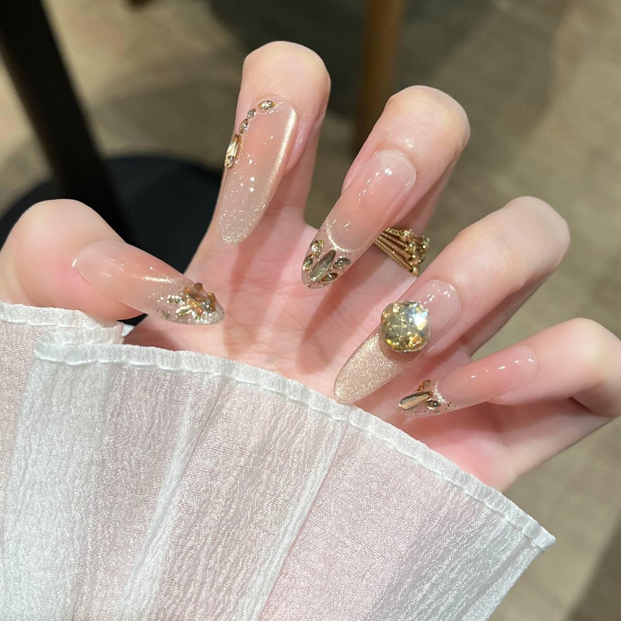 Champagne Gold Cat Eye Long False Nails - Detachable, Sparkly, & High-End Feel Bagged XS