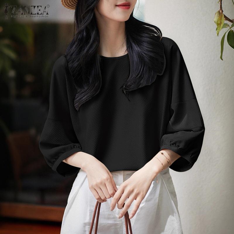 ZANZEA Lässige, lockere Bluse mit Rundhalsausschnitt und 3/4-Ärmeln für Damen