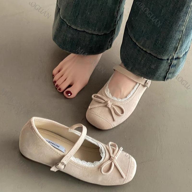 Fashion Spring Summer Inner Heighten Bow Shallow Lace Side Flats Casual Solid Belt Buckle Suede Soft Sole Eelgant Dress Ballet Shoes