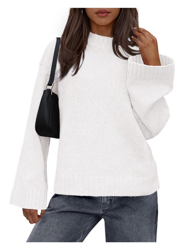 

Осень Зима Повседневный Свитер Вязаный с Круглым Вырезом Свободного Кроя Однотонный с Длинными Рукавами-Колокольчиками для Женщин Роскошный Топ с Расслабленной Посадкой, Стройнящий и Универсальный L белый