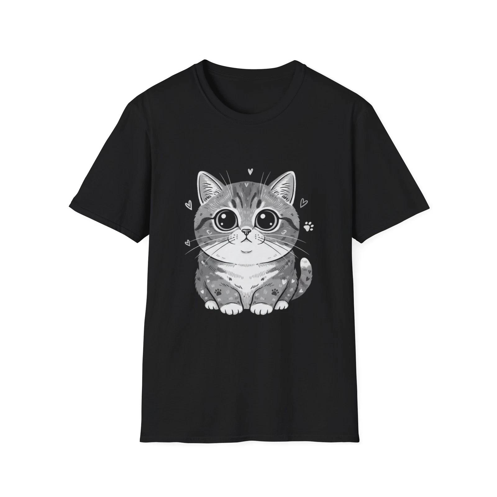 Cute Cat Kawaii Japanese Hand-Drawn Black Tee Aesthetic Graphic T-Shirt XL