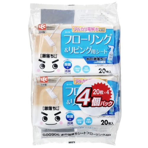 LEC Ba Water-Based Cleaning Sheets for Flooring & Living Rooms, 20 Sheets (4-Pack), Uses Alkaline Electrolyzed Water, S00906
